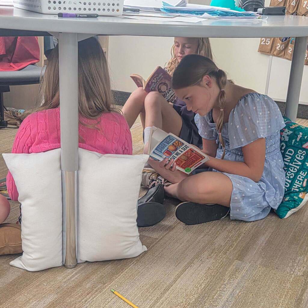 Image 9: Two elementary students cozying up on the floor under a classroom table with throw pillows to read their books together.