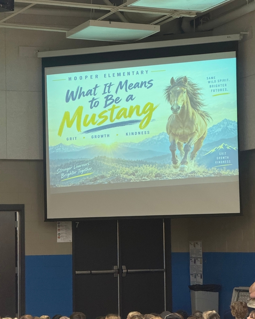 Photos from a school assembly at Hooper Elementary where students learned what it means to be a Mustang by showing grit, growth, and kindness. Additional photos feature a large Mustang mascot display that will be showcased at the front of the school.