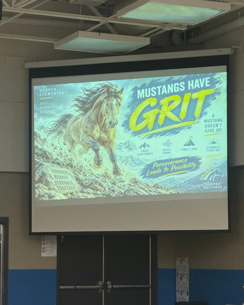 Photos from a school assembly at Hooper Elementary where students learned what it means to be a Mustang by showing grit, growth, and kindness. Additional photos feature a large Mustang mascot display that will be showcased at the front of the school.