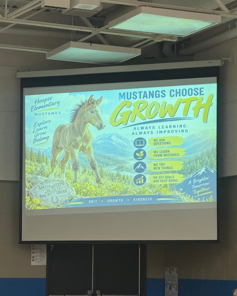 Photos from a school assembly at Hooper Elementary where students learned what it means to be a Mustang by showing grit, growth, and kindness. Additional photos feature a large Mustang mascot display that will be showcased at the front of the school.