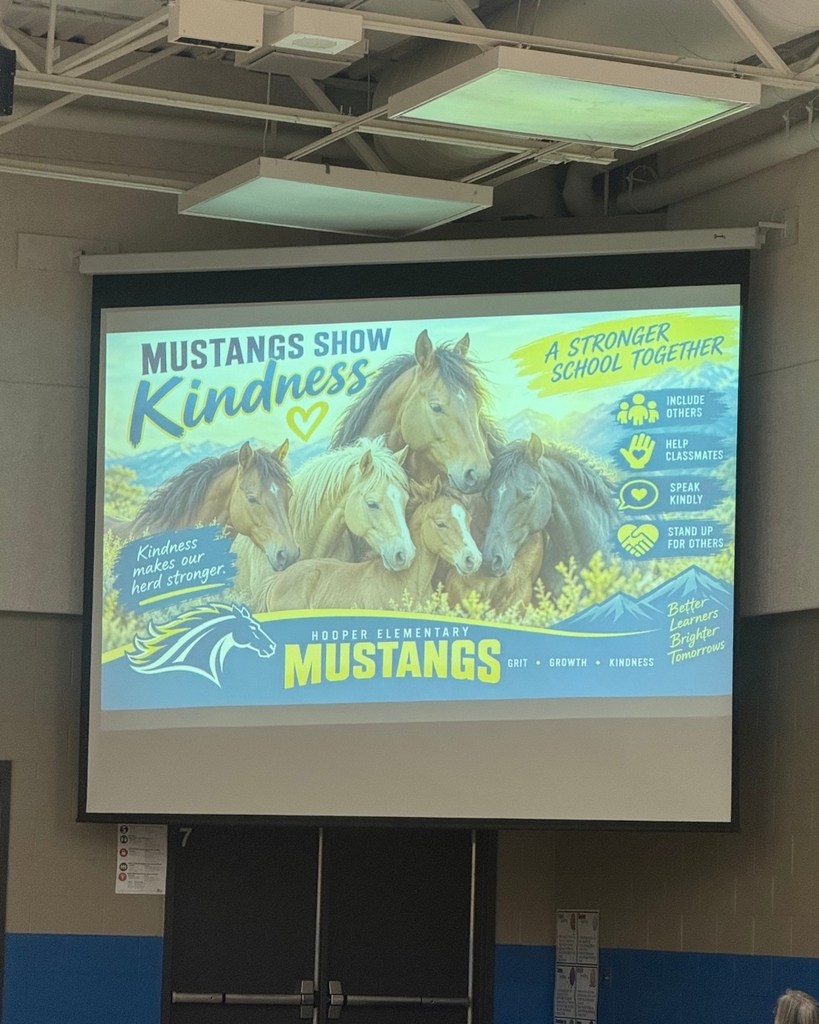 Photos from a school assembly at Hooper Elementary where students learned what it means to be a Mustang by showing grit, growth, and kindness. Additional photos feature a large Mustang mascot display that will be showcased at the front of the school.