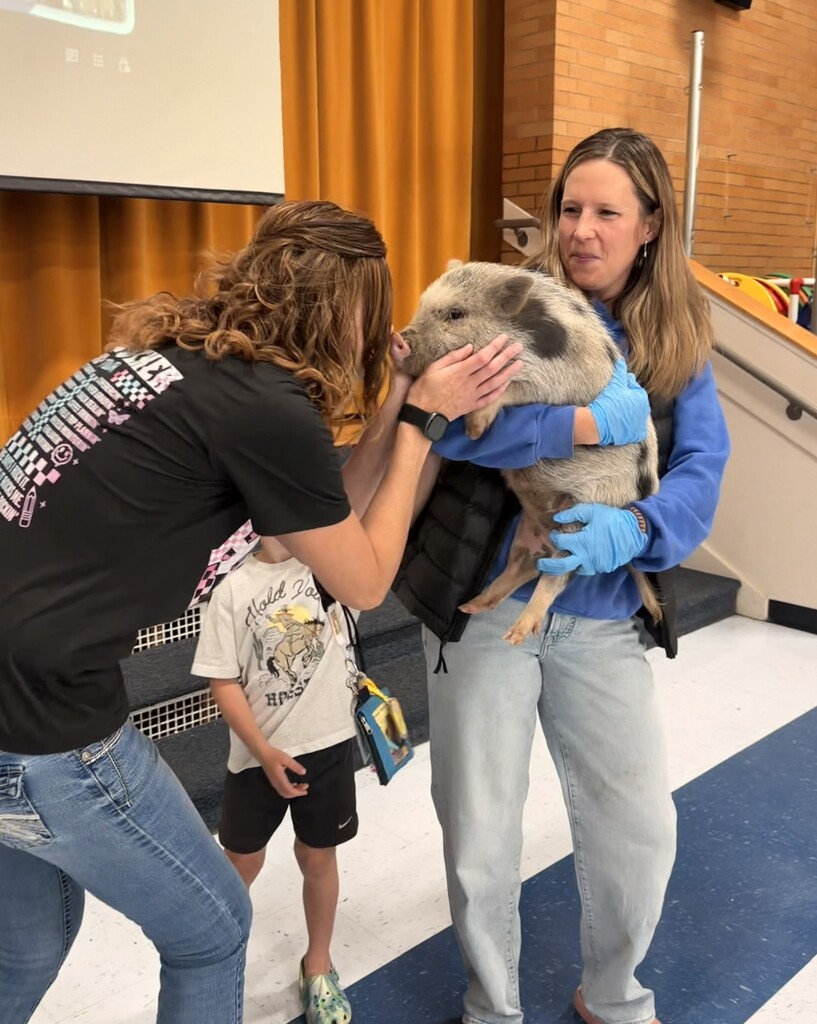 Faculty staff kissing a pig
