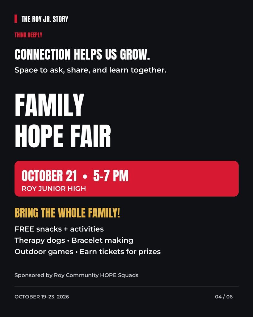 Family Hope Fair. Wednesday, 5-7 pm at Roy Junior