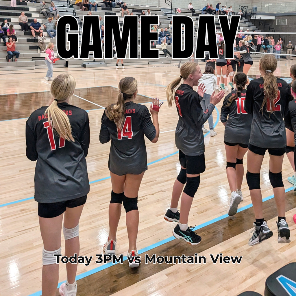 photograph of Roy jr high girls volleyball players cheering. GAME DAY Today at 3PM vs Mountain View
