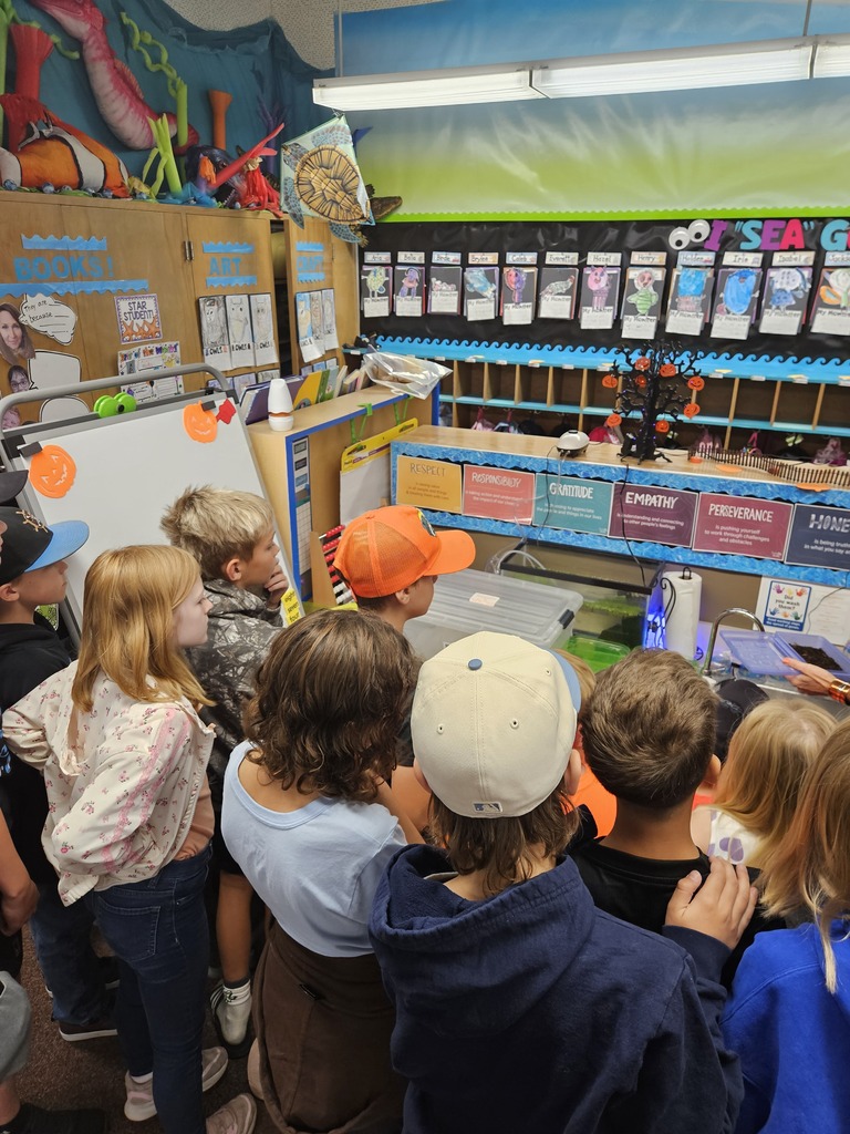 Fifth-grade and first-grade reading buddies gathered around a classroom counter area during a special class visit.