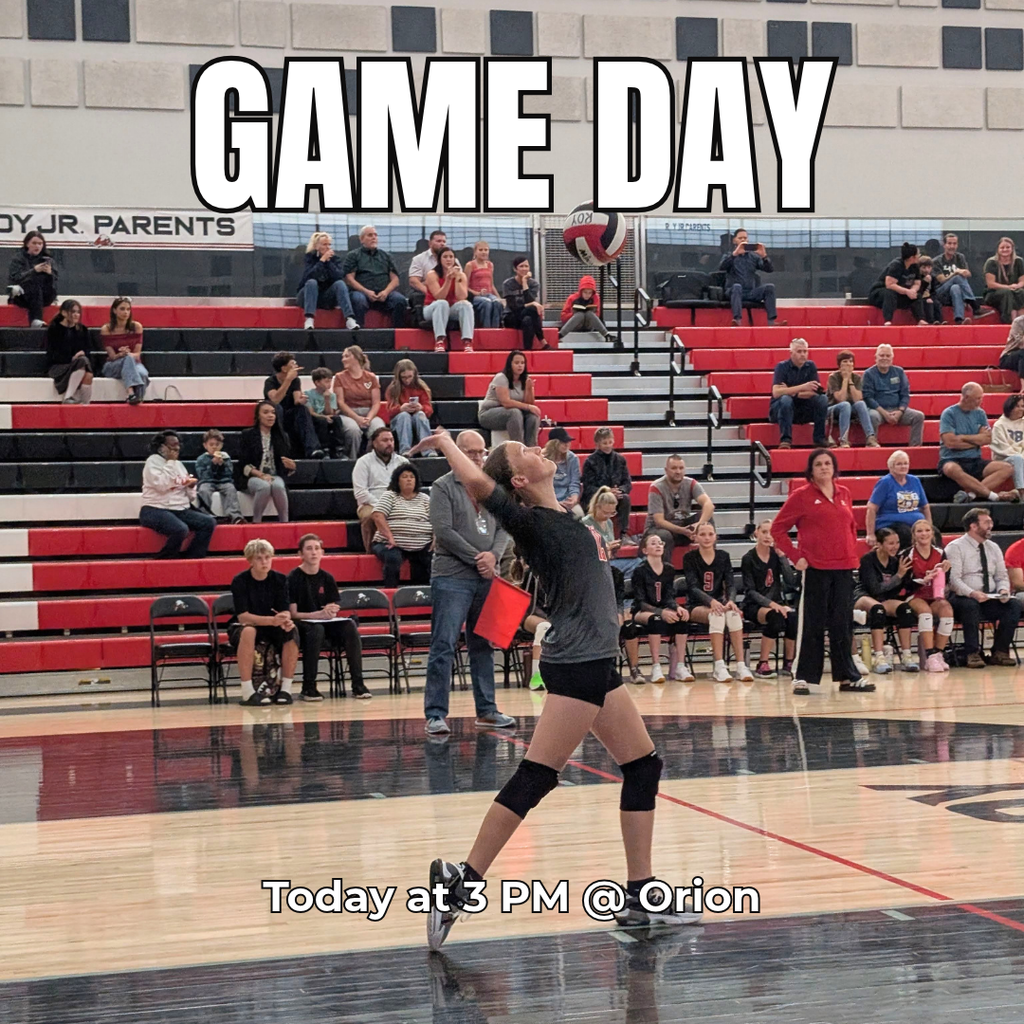 Photograph of Roy Jr Girls Volleyball player serving the ball during a game. "GAME DAY. Today at 3 pm @ ORion"