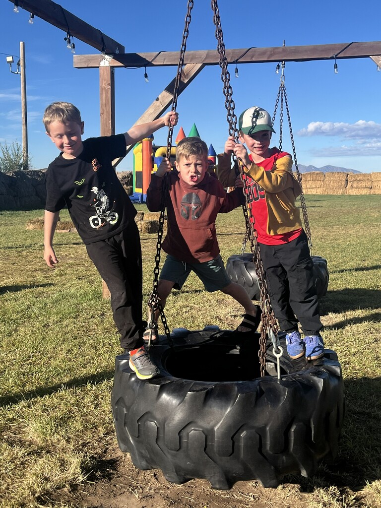 Three boys smiling and balancing while holding onto the chains of a large tractor tire swing outdoors. 
