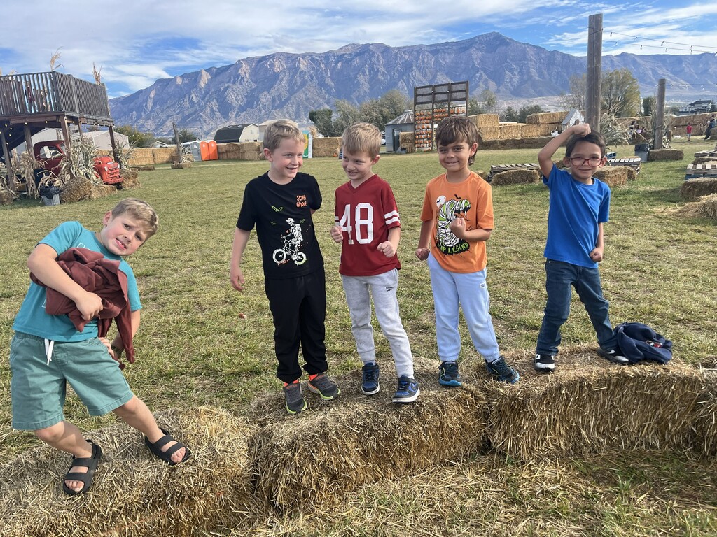 Five young boys standing and posing on hay bales with scenic mountains under a blue sky behind them. 