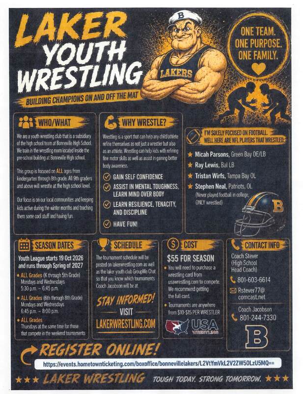 Man with arms crossed and text information for westling at bonneville high school