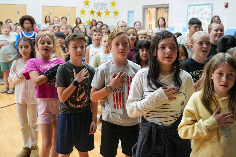 Students performing at Burch Creeks assembly to honor America's 250th Birthday