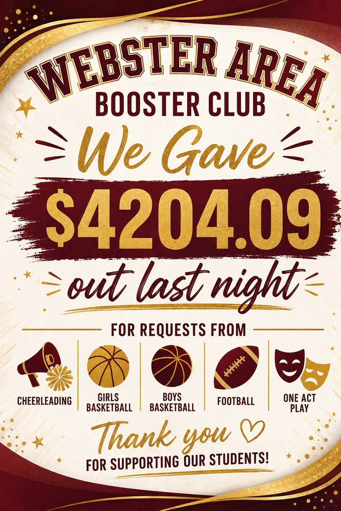 Poster that states the Webster Area Booster Club gave $4,204.09 for requests from cheerleading, girls bb, boys bb, football and one act play.