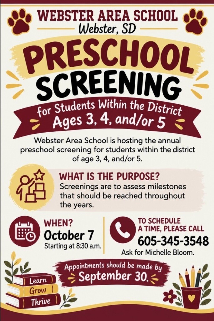 preschool screening for Webster Area School for students within the district ages 3,4&5