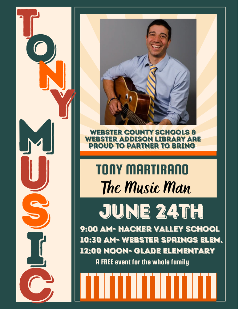 An event flyer in retro colors that advertises a free family event with Tony, the Music Man, Martirano on June 24th with three shows: HV school at 9:00 am, WSES at 10:30 am, and GES at 12:00 noon.
