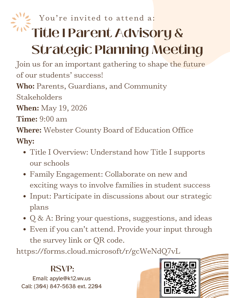 A flyer describing the details of a Title I Parent Advisory and Strategic Planning Meeting for Webster County Schools