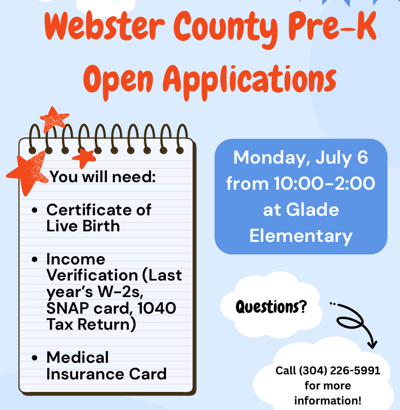 A flyer with clouds and a notepad describing a PreK application event at Glade Elementary on July 6th.