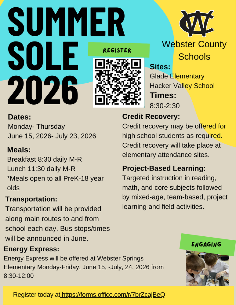 A beige, blue, and gold flyer with information highlighting  Webster County's Summer SOLE information.