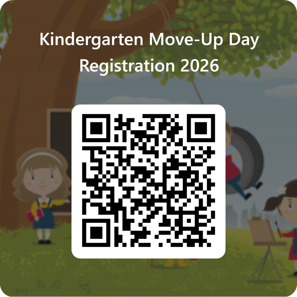 A QR code with cartoon children playing in the background. The QR code takes you to a link to register for Kindergarten Move-Up Day.