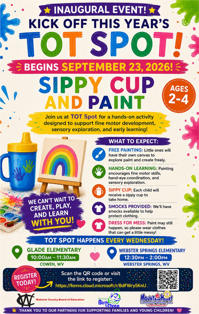 A colorful flyer with a canvas and sippy cup describing a Tot Spot kick off event.
