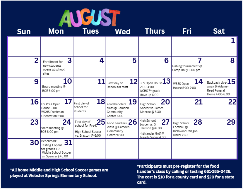 A navy blue calendar for the month of August.