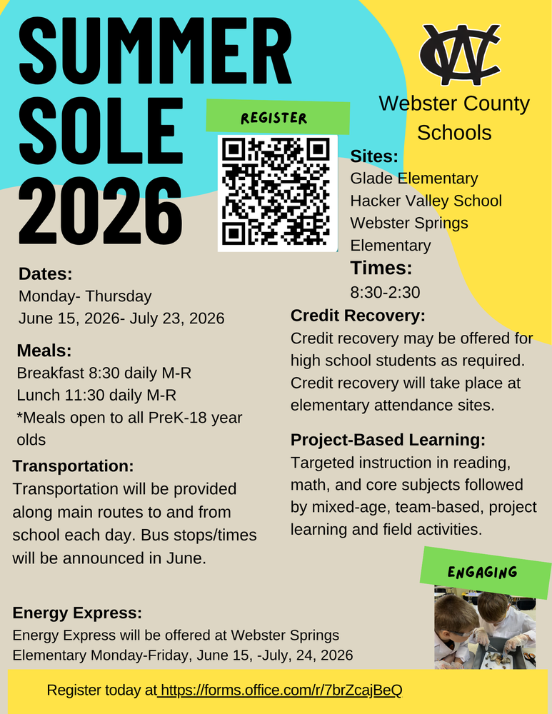 A flyer in tan, yellow, and turquois. The flyer describes the summer learning opportunities available in Webster County for 2026.