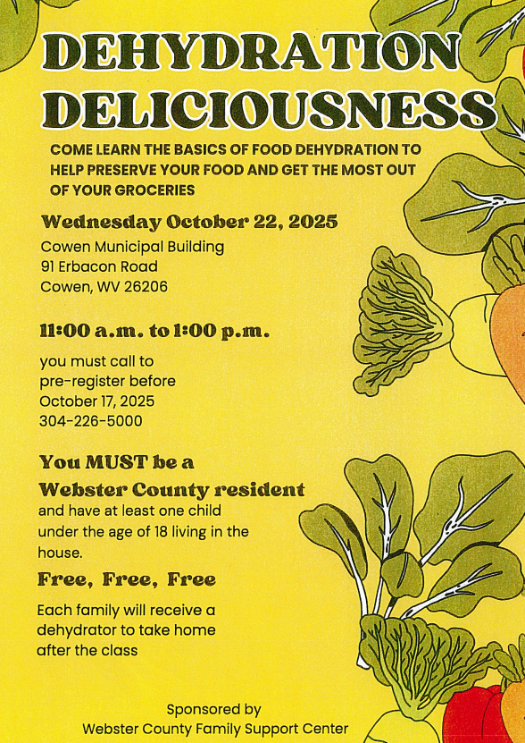 Yellow flyer with vegetables describing a dehydration workshop