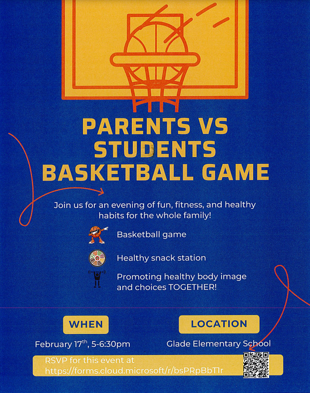 A flyer advertising a family event on February 17th at Glade Elementary