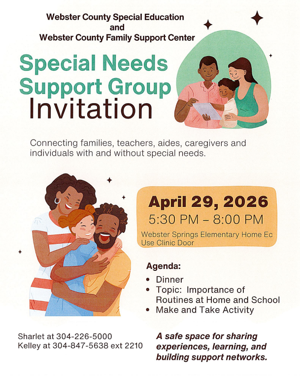 A flyer describing an event for a special needs support group on April 29, 2026 at Webster Springs Elementary