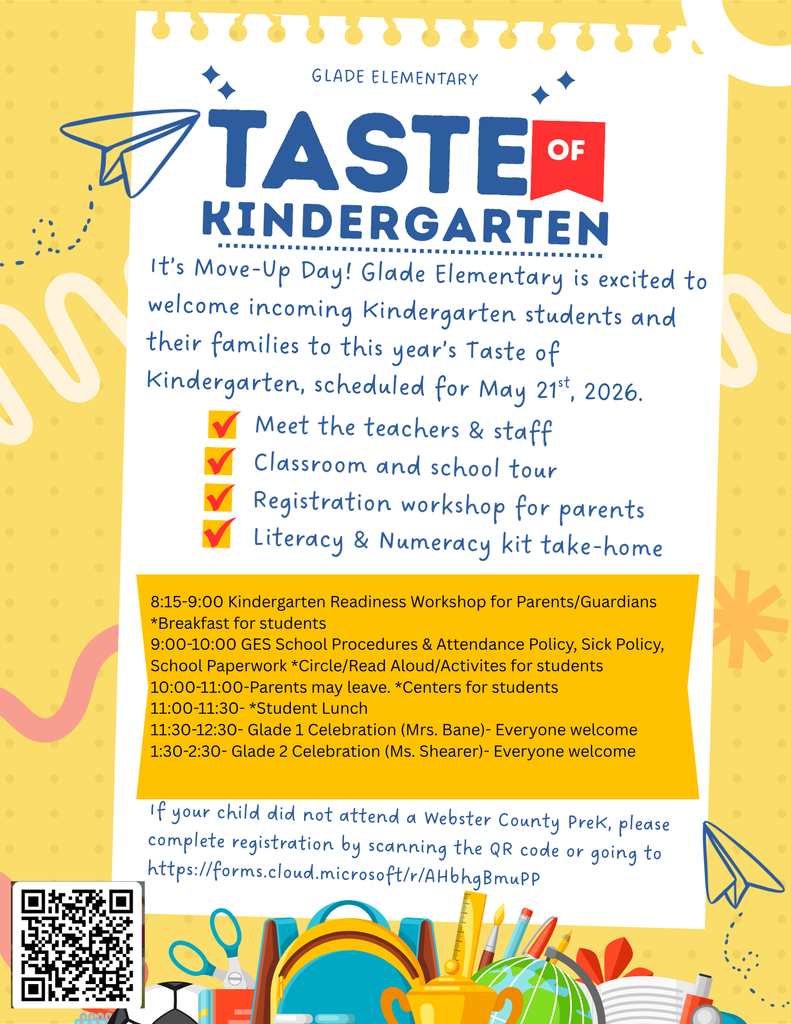 A gold colored flyer with school graphics at the bottom. The flyer describes the Taste of Kindergarten event at Glade Elementary School and includes a QR Code for registration