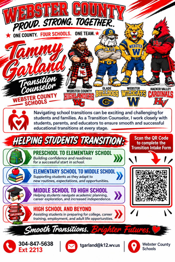 A red and black themed poster for Webster County Schools introducing Tammy Garland, Transition Counselor, and the services she provides including a QR code for referrals.