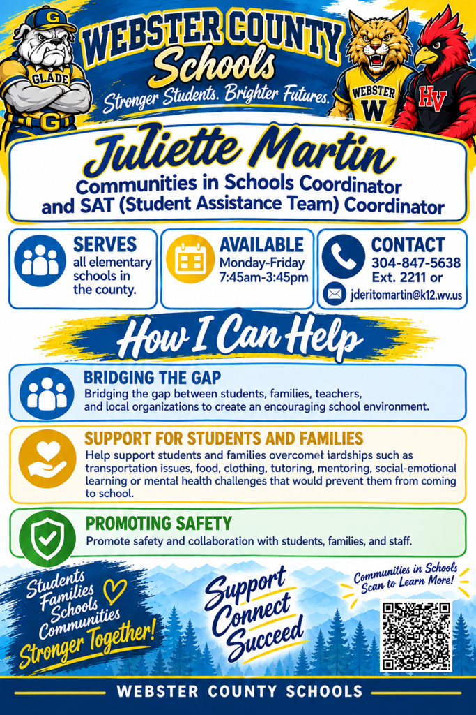 A blue and gold themed poster introducing Juliette Martin, Communities in Schools/ Student Assistance Team Coordinator, including services she provides and a QR referral code. 