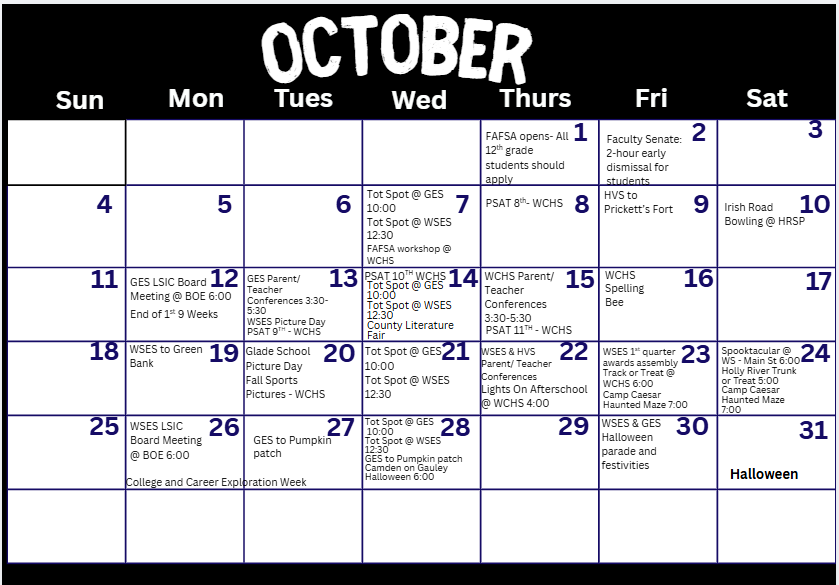 A black and white calendar with community and school events posted. 