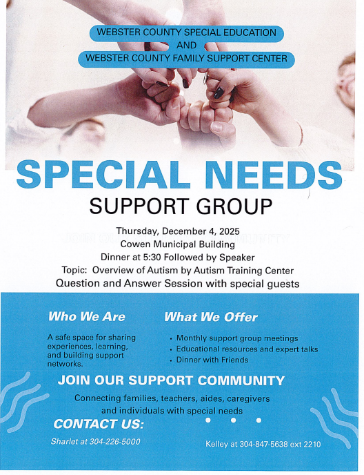 flyer advertising a Special Needs Support Group meeting on December 4.