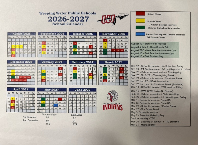 Weeping Water Public School 2026-27 Calendar 