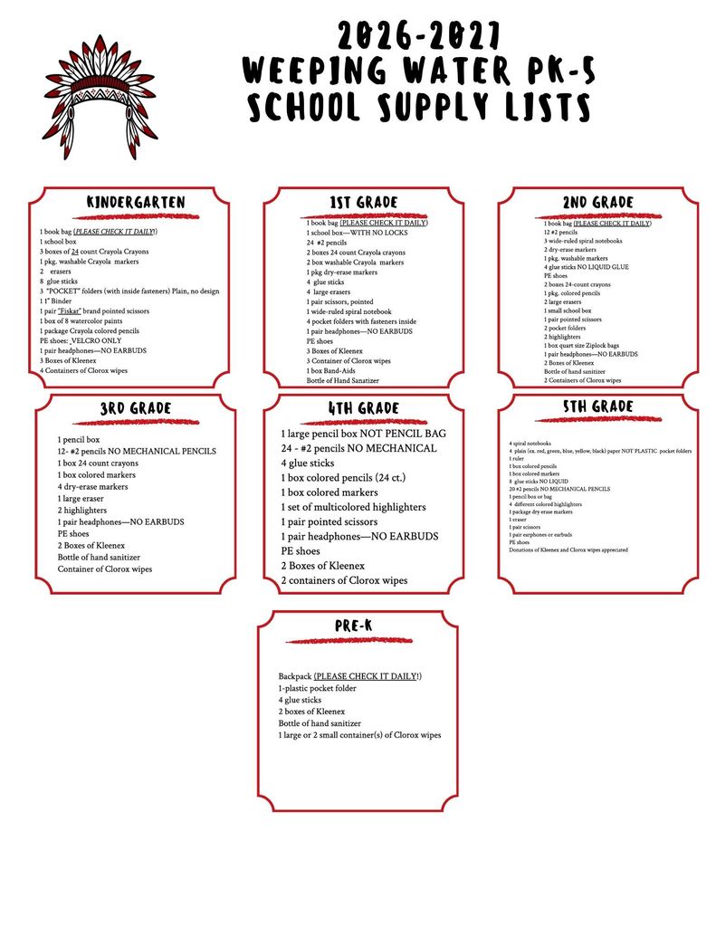 2026-2027 School Supply List Pk-5