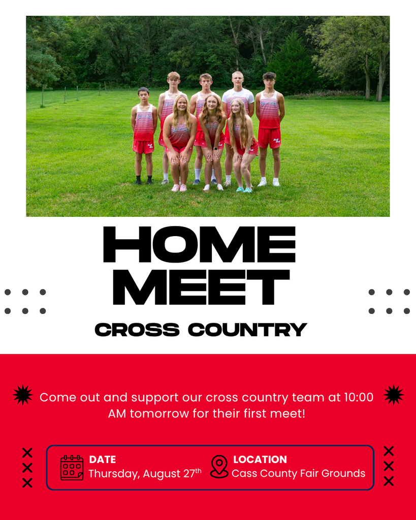 eeping Water cross country team poses together on a grassy field. Text announces a home cross country meet on Thursday, August 27, at 10:00 AM at the Cass County Fair Grounds.