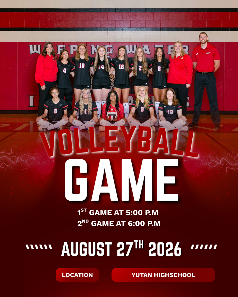 Weeping Water volleyball team and coaches pose for a team photo in a gym. Text announces an away volleyball game at Yutan High School on August 27, 2026, with games at 5:00 PM and 6:00 PM