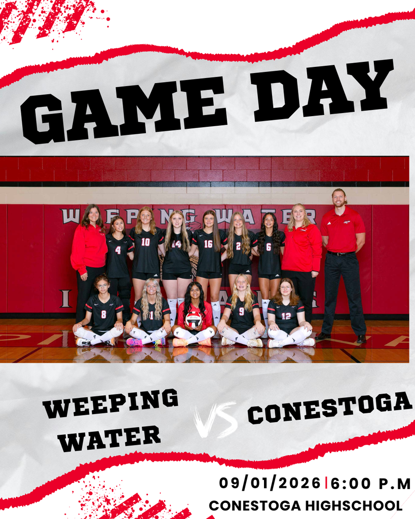 Game day graphic featuring the Weeping Water volleyball team with coaches. The graphic announces an upcoming matchup against Conestoga on September 1.