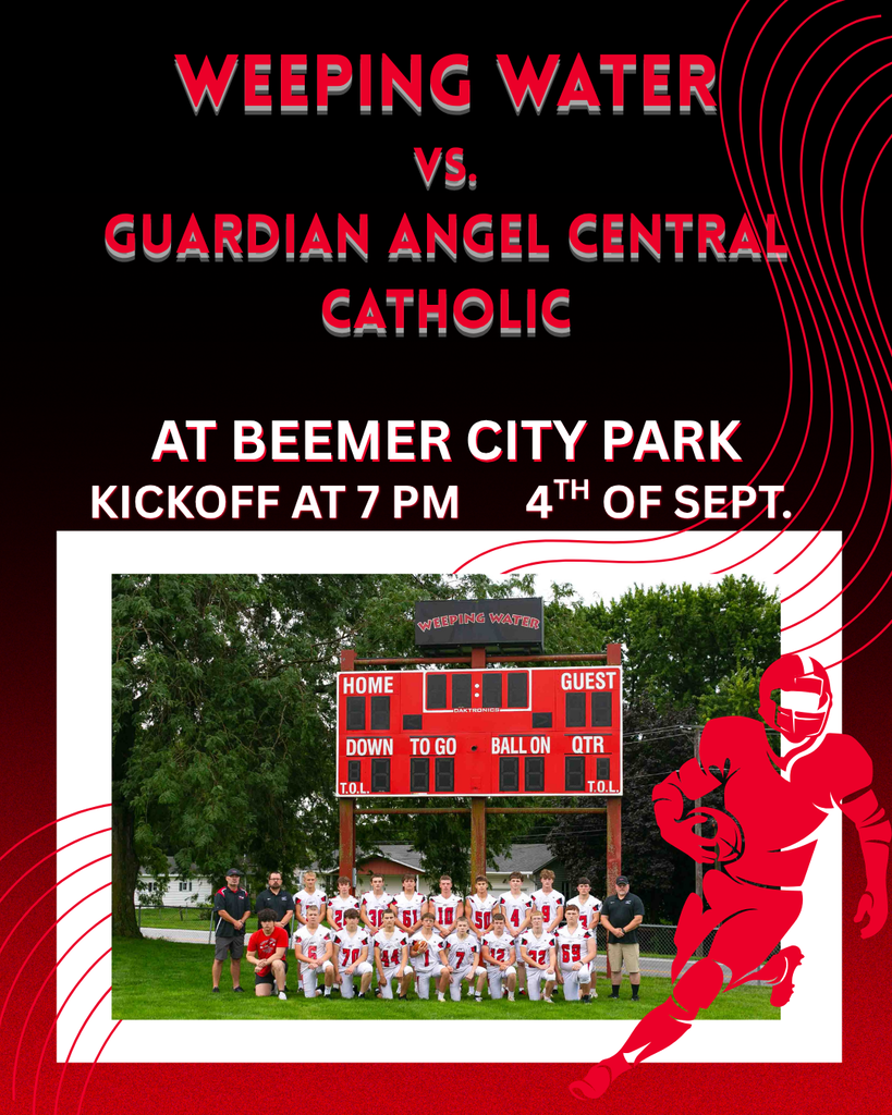 Graphic promoting the Weeping Water football game at GACC on Friday, September 4, 2026, at 7:00 p.m.