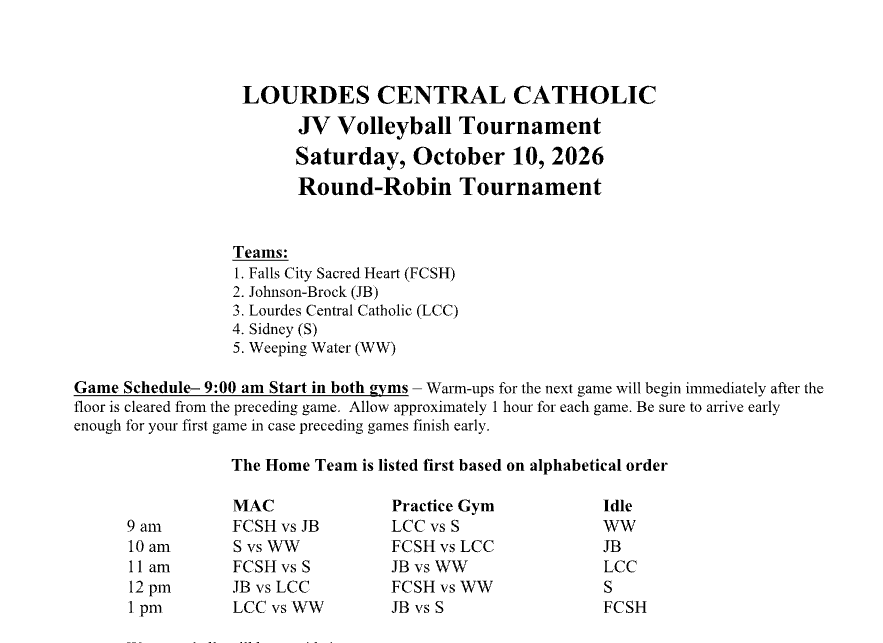 JV Volleyball Tournament: JV volleyball competes in a tournament at Lourdes Central Catholic beginning at 9:00 a.m.