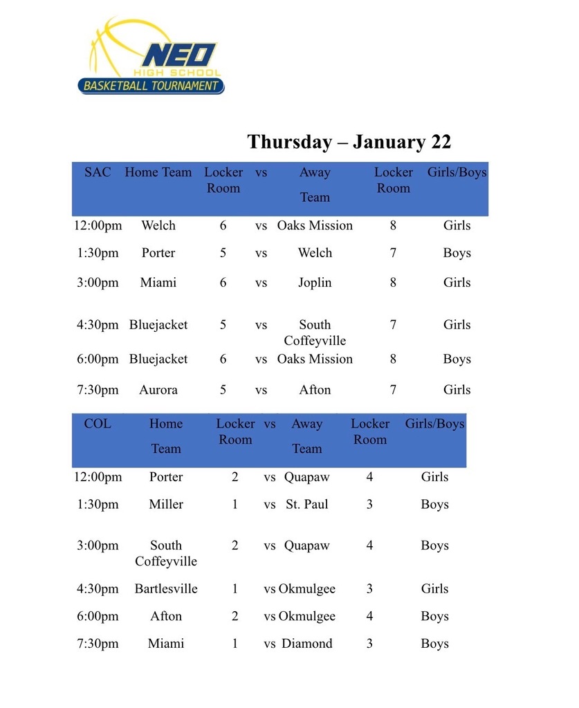 NEO Updated Thursday Schedule 1-21-26
