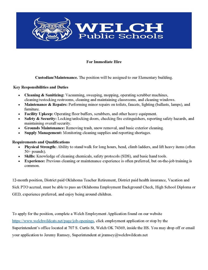 Custodian Opening 4-20-26