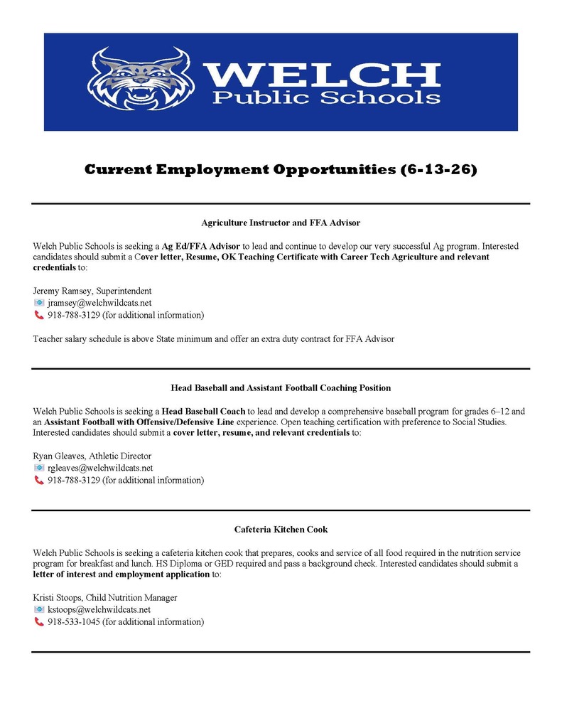 Employment opening 6-13-26