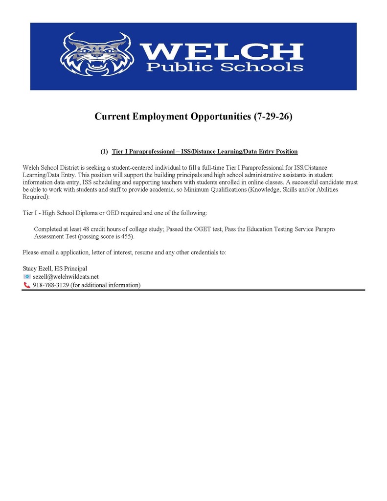 Employment opening 7-29-26
