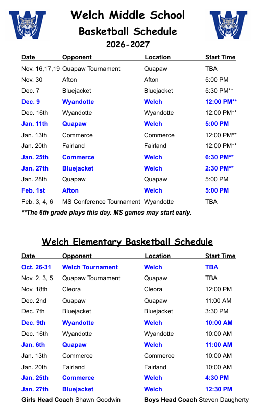 MS & Elem Basketball Schedule