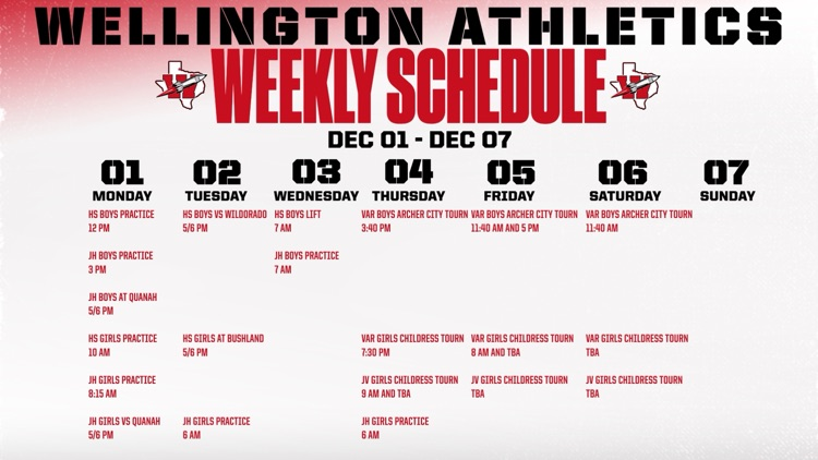 Wellington athletics weekly schedule