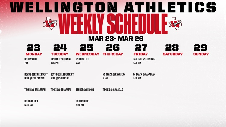 wellington athletics weekly schedule