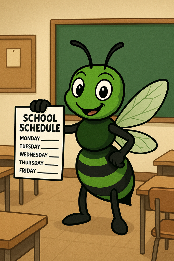 Green Hornet in classroom with schedule