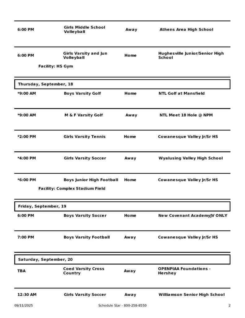 Wellsboro Athletic Events through September 20, 2025