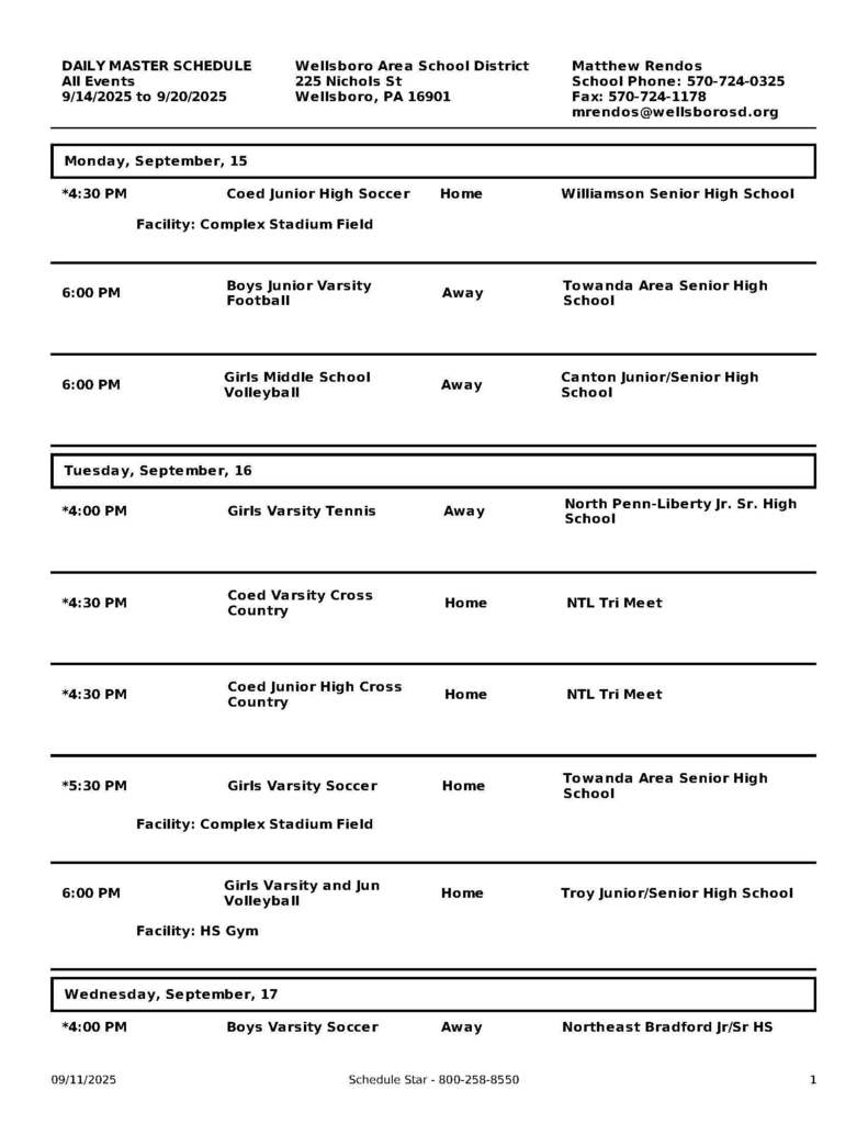 Wellsboro Athletic Events through September 20, 2025