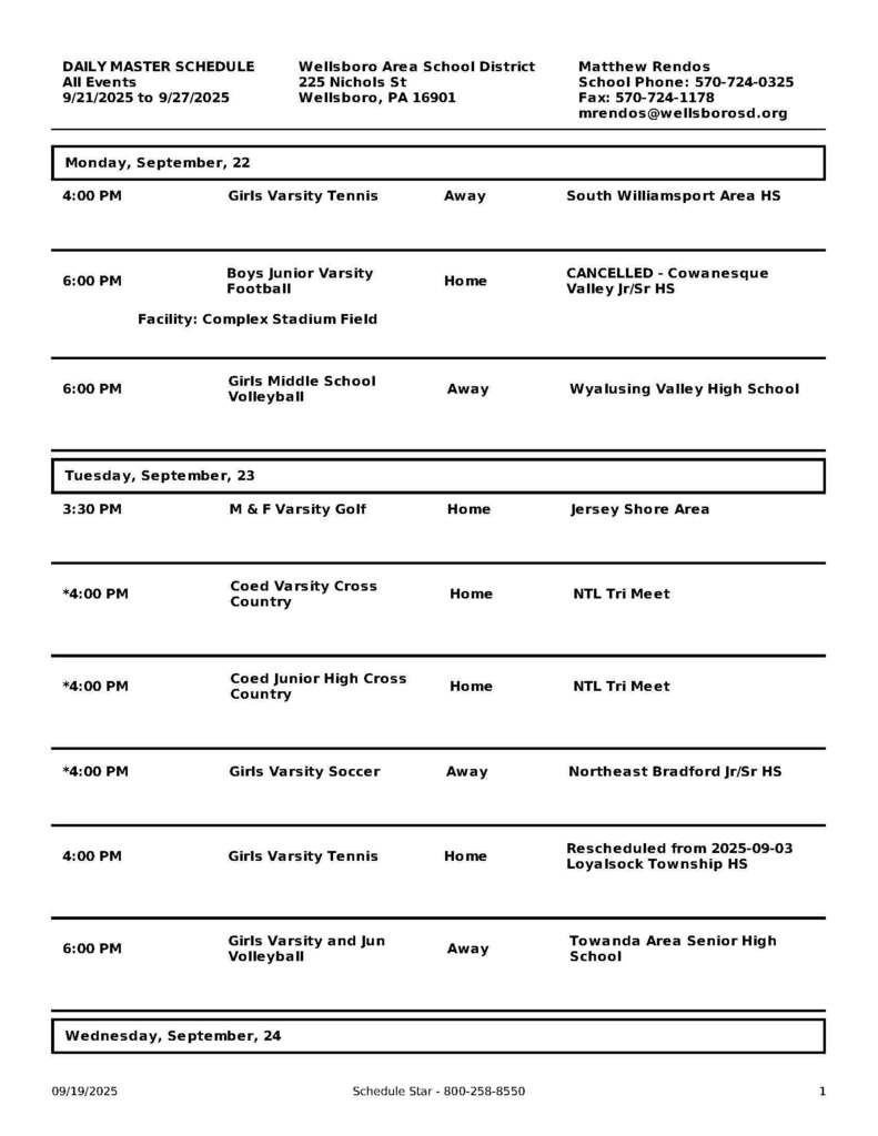 Wellsboro Area School District Athletic events from September 22 through September 27, 2025